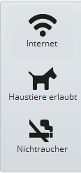 Symbolgrafik mit drei Icons: Ein Hund mit der Beschriftung ‚Haustiere erlaubt‘, ein WLAN-Symbol mit ‚Internet‘ sowie ein durchgestrichenes Rauchersymbol mit ‚Nichtraucher‘ – auf hellem Hintergrund dargestellt.